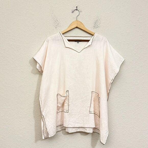 TUTU & LILLI Boxy Linen Top Pale Peach Sheer Slit Patch Pocket NWOT - Picture 1 of 8